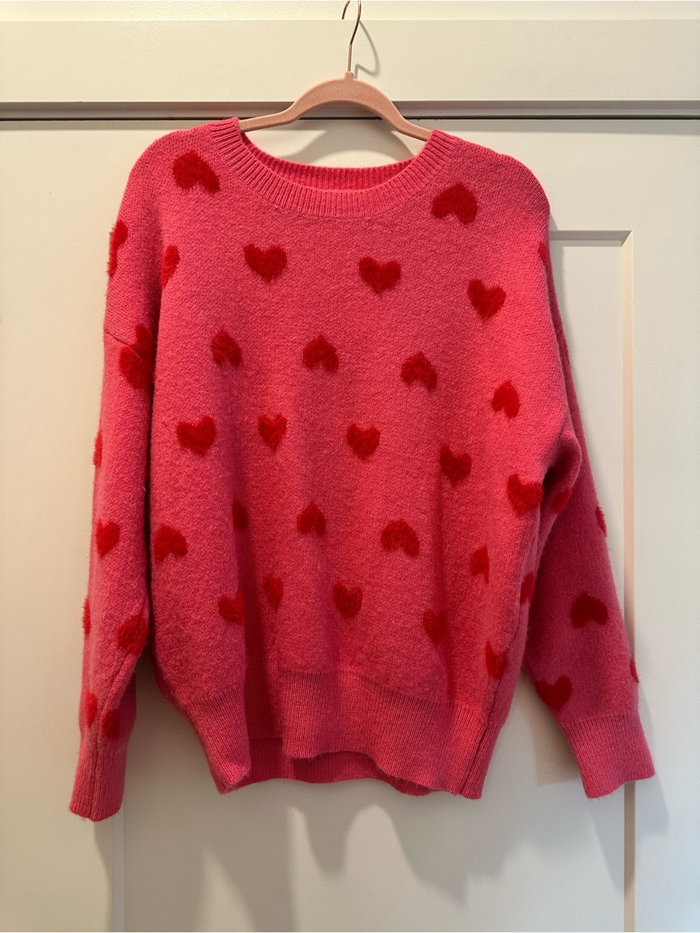 Molly Bracken Pink Red Heart Sweater Fuzzy Knit Valentine's Day Medium